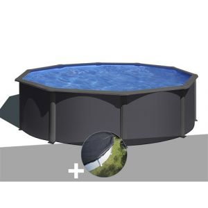 Gre Kit piscine acier gris anthracite Louko ronde 4,80 x 1,22 m + Bâche d'hivernage