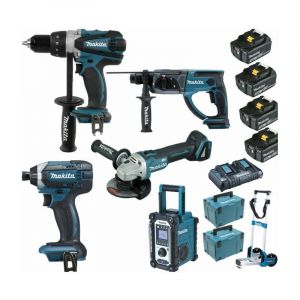 Image de Makita Pack Pro 18V 5Ah: Perceuse 91Nm DDF458 + Meuleuse 125mm DGA504 + Perforateur 2J DHR202 + Visseuse à chocs 165Nm DTD152 +...