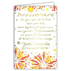Afie 69-3008 Carte ANNIVERSAIRE grand texte mots en dorure OR doré qui brille feu d'artifice étoiles ; Livrée avec enveloppe couleur assortie ; Format Carte fermée 11,5x17cm ; Fabriqué en France ;