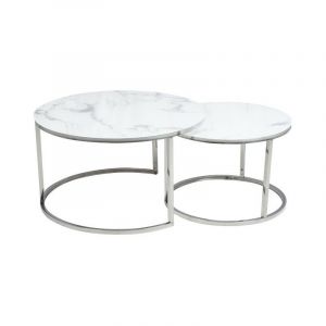 AC-Déco Meubles - Lot de 2 tables gigognes ATLANTA rondes en métal et verre effet marbre - Blanc - D 80 x H 45 cm.