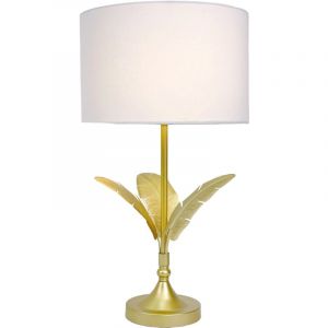 Relaxdays Lampe de table, socle &agrave; feuilles de palmier, abat-jour en tissu, douille E14, salon, chambre, blanc/dor&eacute;
