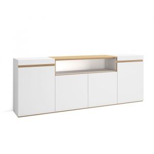 Skraut Home - Buffet salon et cuisine, Meuble de Rangement, Commode, 200x35x75cm, 4 Portes, Meuble chaussure, Style moderne, Blanc et Ch&ecirc;ne Soft
