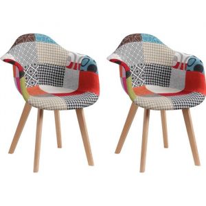 Lot De 2 Fauteuils De Salle À Manger Scandinaves,Fauteuils Nordiques Rembourrés,Tissu Patchwork(Rouge)