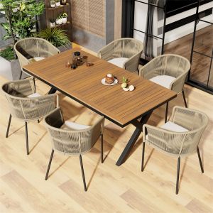 Fortuna Lai - Ensemble 1 table avec 6 fauteuils, salon de jardin en corde, table rectangulaire, fauteuil avec coussin, beige