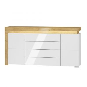 SANS Buffet 2 portes 4 tiroirs LED inclus Teo Blanc et Bois
