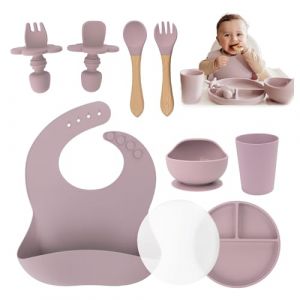 Yunioo - Ensemble de vaisselle 9 pièces pour bébés et enfants comprenant bavoir, assiette avec ventouse et couvercle, gobelet et couverts pour enfants | Silicone de qualité supérieure| Résiste au micro-ondes, au four et au lave-vaisselle | Rose grisâtre