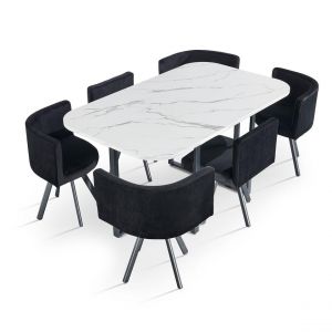 Table rectangulaire avec 6 chaises gain de place Oslo XL Effet marbre blanc et Velours Noir