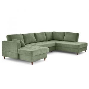 Anna - canap&eacute; panoramique d'angle droit 7 places convertible avec coffre en velours textur&eacute; - Vert sauge