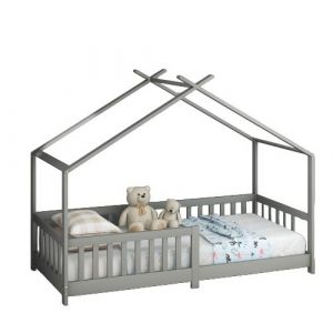 Lit cabane pour enfant 200x90, bois massif avec clôture et sommier à lattes, gris