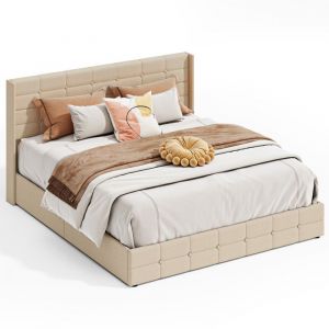 Lit Coffre Double 180 x 200 cm Bealife avec Syst&egrave;me de Rangement Hydraulique T&ecirc;te de Lit Capitonn&eacute;e Sommier &agrave; Lattes en Bois Cadre en M&eacute;tal Beige