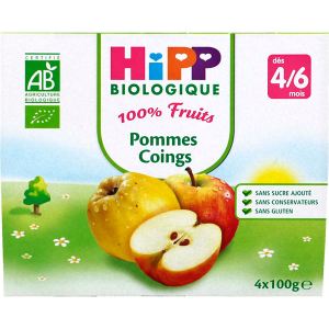 HiPP Biologique 100% Fruits : Pommes coings 4 x 100 g - dès 4 mois