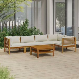 Salon de jardin 6 pcs avec coussin cr&egrave;me Bois d'acacia solide