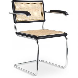 Privatefloor Chaise à manger avec accoudoirs - Design vintage - Bois et rotin - Bruna Noir