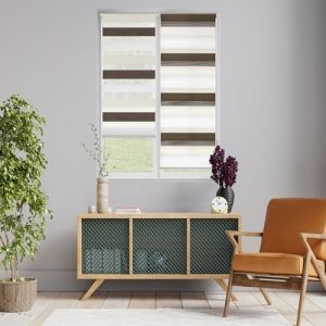 Blindecor Indus store tricolore sans perçage | Store enrouleur double tissage sans outils | Stores tricolores Jour nuit, Marron, Crème 140 x 180 cm
