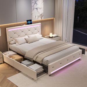 Lit 160 x 200 avec sommier et tiroirs,lit 2 personnes avec rangement,LED et ports USB,lit double tapissé avec sommier à lattes en bois,lit 160x200