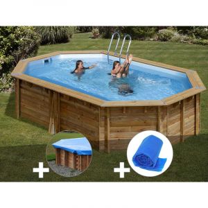 Image de Sunbay Kit piscine bois Cannelle 5,51 x 3,51 x 1,19 m + Bâche hiver + Bâche à bulles