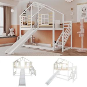 Lit superposé cabane 90x200cm - en pin massif - avec escalier et toboggan - Blanc