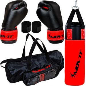 Image de Kit de boxe Movit avec sac de boxe 5,5 kg, 2 gants de boxe 8 oz, 2 bandes de maintien et sac de transport, convient pour les enfants et adolescents, couleur rouge