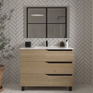 Meuble de salle de bain 90cm simple vasque - 3 tiroirs - madera miel (chêne clair) - MATA