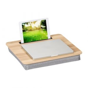 Relaxdays Support pour Ordinateur Portable, Fente pour t&eacute;l&eacute;phone, t&eacute;l&eacute;travail L x P : env. 46 x 35 cm, Nature et Gris