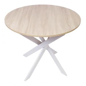 Skraut Home | Table à Manger Ronde Fixe | Modèle Zen | 90 x 90 x 77 cm | Capacité jusqu'à 4 Personnes | Matériaux résistants (Chêne + Pieds Blancs, 90cm)