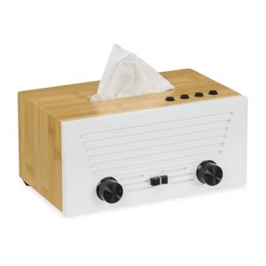 Relaxdays Bo&icirc;te &agrave; mouchoirs, Distributeur lingettes au Design r&eacute;tro, Motif Radio, pour Serviettes, Bambou, Blanc/Naturel