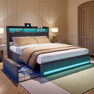Lit 140x190 cm - lit double 140x190 cm - cadre de lit adulte 140x190 cm - 4 tiroir - LED ET USB - tissu en lin - gris