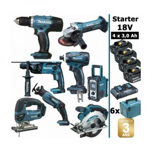 Image de Makita Pack Starter 8 outils 18V: Perceuse DDF453 + Perfo DHR165 + Meuleuse DGA452 + Visseuse à choc DTD146 + Scie sauteuse DJV...