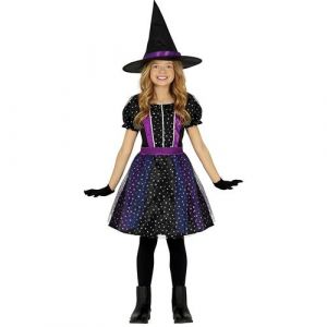 FIESTAS GUIRCA Costume de Sorci&egrave;re &Eacute;toiles &agrave; Paillettes - Petite Sorci&egrave;re Lila avec Chapeau de Sorci&egrave;re - D&eacute;guisement Halloween Fille 5-6 Ans