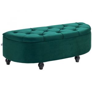 Homcom Pouf de rangement coffre 2 en 1 - pouf design classique chic capitonné demi-cercle - pieds bois hévéa noir revêtement velours vert emeraude