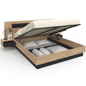 Idmarket Lit coffre double SANTA avec t&ecirc;te de lit + tables de chevet int&eacute;gr&eacute;es et sommier 160 x 200 cm bois et noir