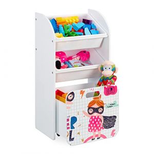 Relaxdays Tagère étroite pour enfants, 3 boîtes, motif d'héroïne, caisse avec roulettes, hlp : 80,5x42,5x30 cm, blanche