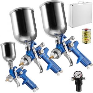 Image de TecTake 3 Pistolets à Peinture HVLP 1,7 mm + 1,3 mm + 0,8 mm en Aluminium + 1 litre de Détachant de Silicone et Coffret