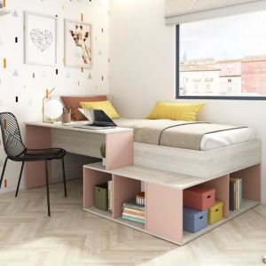 Lit combiné 90 x 200 cm avec rangements et bureau - Coloris : Naturel et Rose - RIGALI