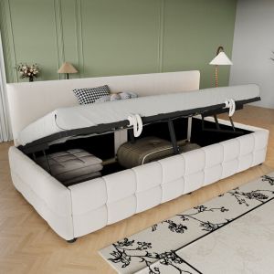 Canap&eacute;-lit coffre rembourr&eacute; 90 x 200 cm - Dossier sans accoudoirs - Velours - Beige (matelas non inclus)