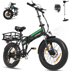 Vélo Électrique- HITWAY - 20 x4.0 Fat Tire Pliable - Batterie amovible 48V 13Ah - Noir&Vert+Panier Arrière