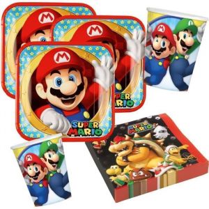 Trevi Kit de fête 36 pièces Super Mario avec assiettes, gobelets, serviettes pour 8 enfants + 1 set de table mario OFFERT*