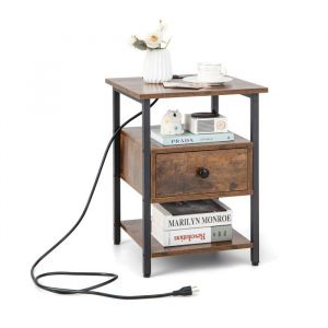 COSTWAY Table de Chevet Connect&eacute;e, Table de Chevet avec Prise 3 Niveaux, Etag&egrave;res Ouvertes, Tiroir, Plateau en Bois, Cadre en M&eacute;tal, Style