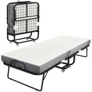 Homcom Lit pliant - 1 personne 200 x 80 cm avec matelas - pliable et portable sur roulettes - cadre en acier - blanc