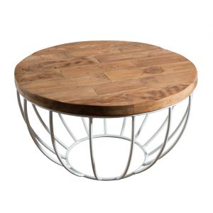 Image de Table b e ronde style industriel en bois teck + pieds en métal et coque blanc Ø 60 cm