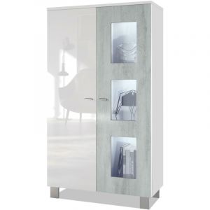 Vitrine Armoire haute Commode Denjo en Blanc mat - haute brillance - Porte en Aspect Béton Oxyde avec éclairage led - Porte en Aspect Béton Oxyde