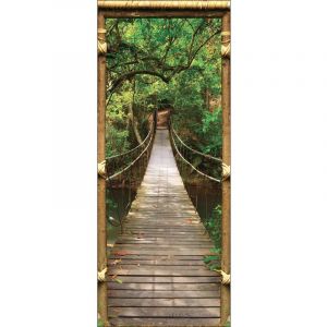 Image de Plage Sticker décoratif pour porte, trompe l'oeil encadrement de porte d'une paillote vue sur le pont en bois vers la jungle, thaïlande, 204 cm x 83 cm