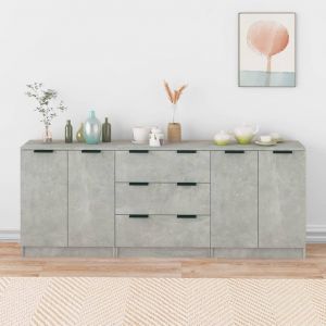 VidaXL Buffets 3 pcs Gris b&eacute;ton Bois d'ing&eacute;nierie Gris b&eacute;ton