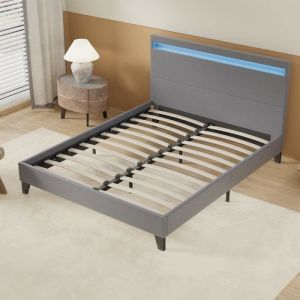 Lit 140x190cm simili cuir gris avec tête de lit LED, sommier lattes en bois