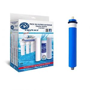Membrane 50 GPD + Pack de 3 filtres pour Osmose Inverse Standard. 1 filtre à sédiments, 1 filtre à charbon GAC et 1 filtre à charbon bloc. Avec la garantie Bbagua.