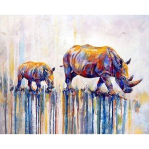 Peinture au num&eacute;ro : Maman et B&eacute;b&eacute; Rhinoc&eacute;ros - sans ch&acirc;ssis en bois