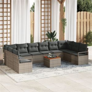 Ensemble de Canap&eacute; de Jardin 11 Pi&egrave;ces avec Coussins Gris Rattan Acacia, Canap&eacute; de Jardin 2 Places avec Rangement & Coussins Gr