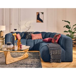 Canap&eacute; modulable 4 places angle droit en tissu textur&eacute; bleu