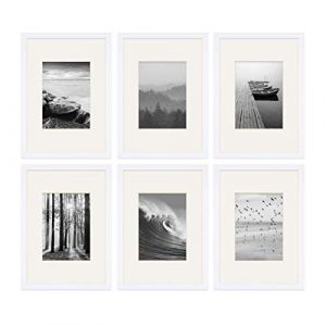 PHOTOLINI Cadre A4 21 x 30 Bois MDF Blanc, Lot de 6 Cadres Photo avec Passe-Partout pour Posters et Affiches, Verre Acrylique incassable, décoration Murale à Suspendre, Accessoires supplémentaires
