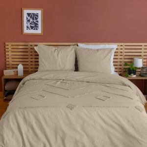 Sweeek - Parure de lit coton lavé tufté 2 places rose poudré motifs géométriques, 1 housse + 2 taies 63x63cm 260 x 240 cm
